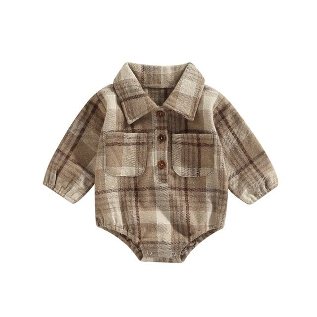 Timeless Plaid Print Romper Newborn + Infant Baby Boujee Caramel 0-6M 