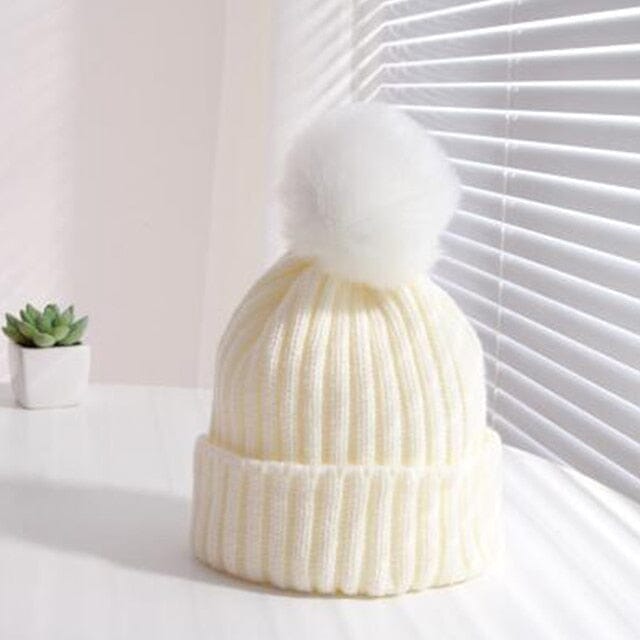 Prestige Pompom Beanie Accessories + Essentials Baby Boujee Ivory + White 