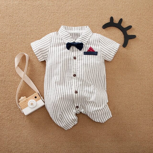 Tux Romper Newborn + Infant Baby Boujee White Short Sleeve 0-3M 