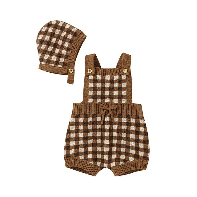 Plaid Knit Romper Set Unisex Clothing Baby Boujee Brown 3M 